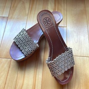 Tory Burch Daisy laser cut metallic gold leather wide strap wedge sandal